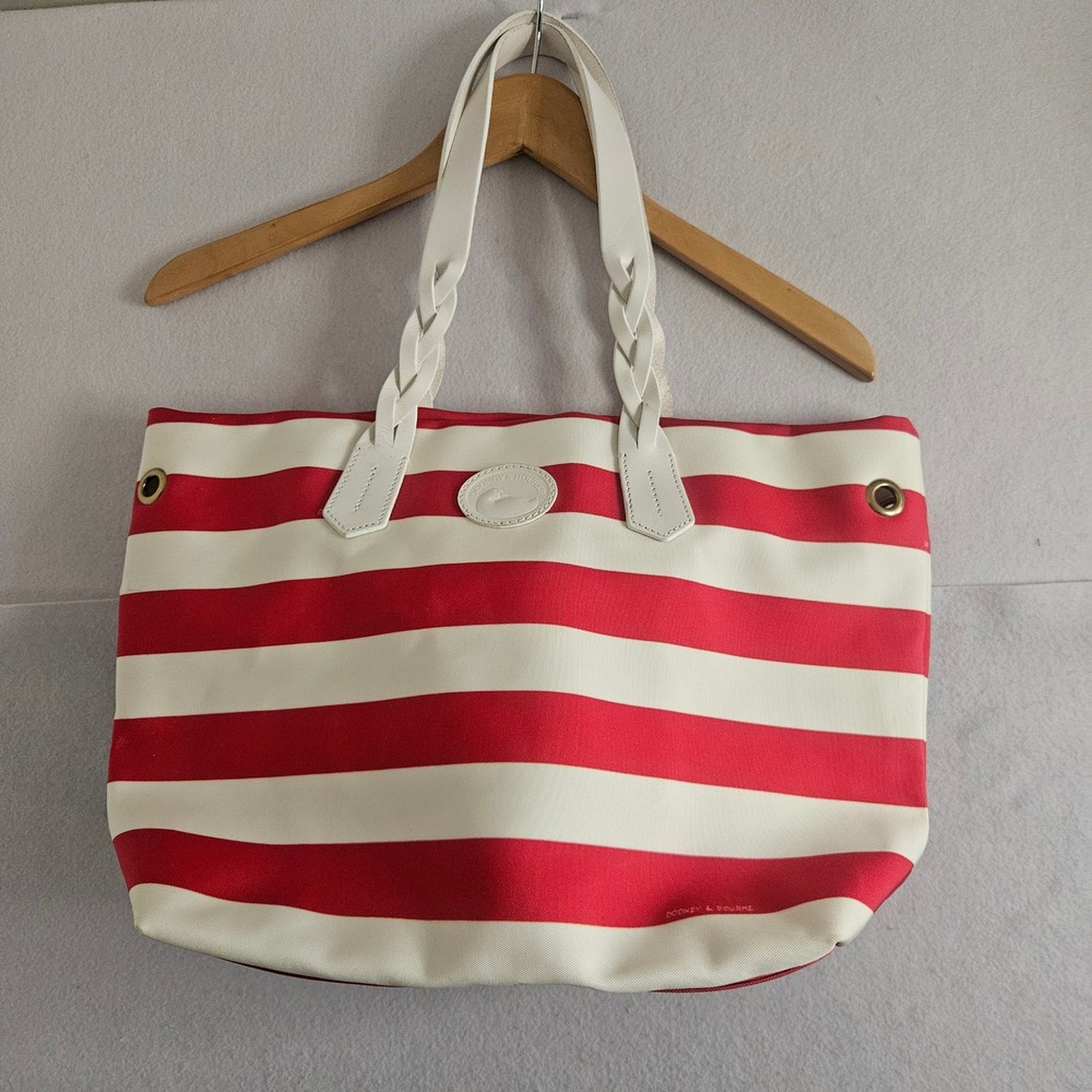 Dooney & Bourke Red White Striped Canvas Tote Bag Braided Leather Straps Large
